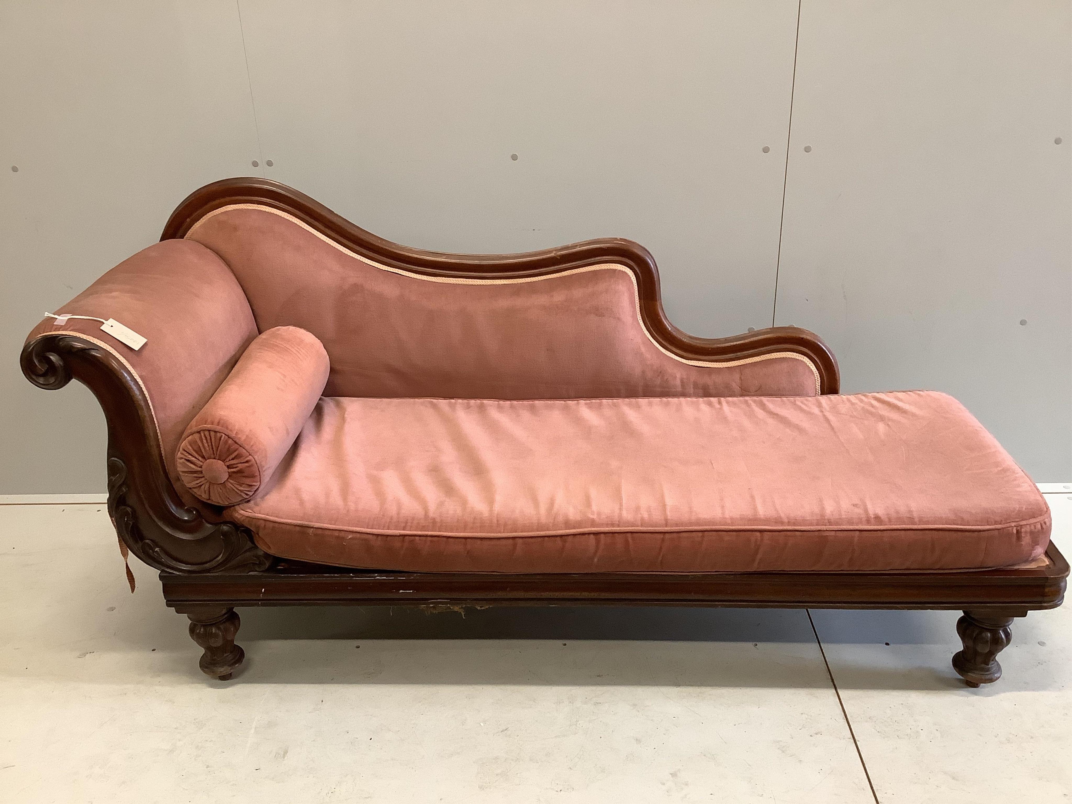 A Victorian mahogany chaise longue, width 174cm, depth 61cm, height 80cm. Condition - fair
